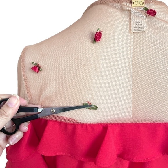For Love & Lemons Red Mesh Shoulders Rosettes Wrap Mini Dress - XS/S, HTF style - Picture 9 of 14